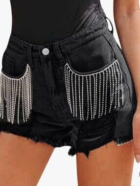 Jean Shorts Womens Rhinestone Fringe Trim Denim Shorts